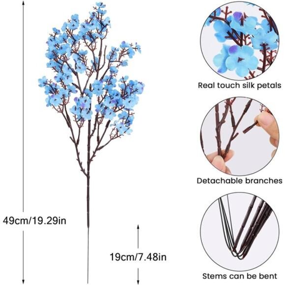 New 8Pcs Artificial Flowers Fake Babys Breath Bouquet,Blue Fake Flowers Plants - Picture 6 of 7